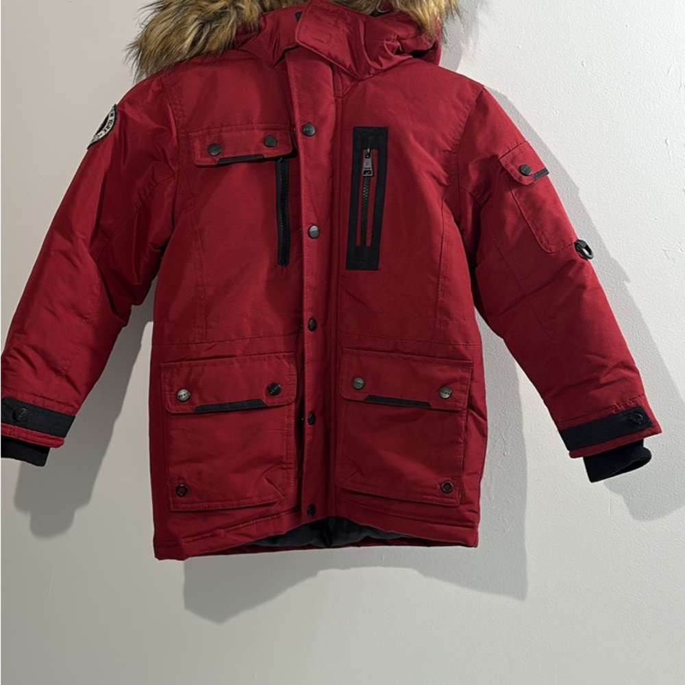 DKNYC Kids Red Puffer Jacket with Faux Fur Hood